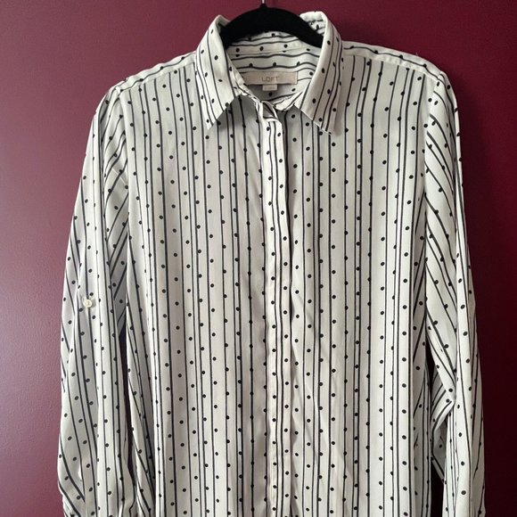 LOFT Tops - Loft: Camp shirt white with black stripes and black velvet flocked dots. Size .
